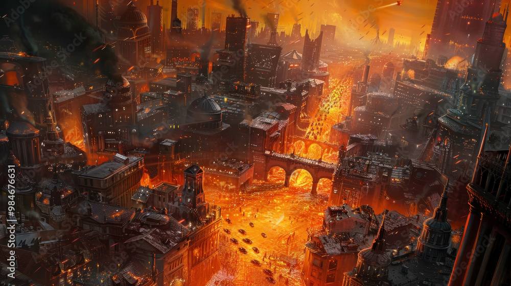 A city where the temperature is so high that all metal objects begin to melt, flowing down the streets like rivers of molten silver, with people navigating the liquid metal A city where the temperature is so high that all metal objects begin to melt, flowing down the streets like rivers of molten silver, with people navigating the liquid metal