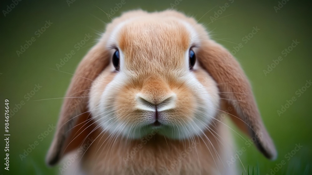 A close-up of a cute rabbit with long ears and expressive eyes on a blurred green background. A close-up of a cute rabbit with long ears and expressive eyes on a blurred green background.