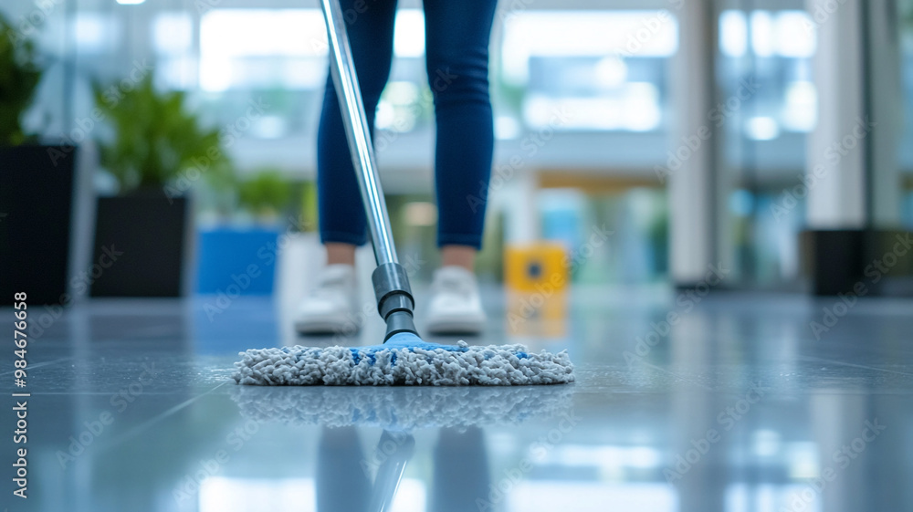 A person cleaning the floor with a mop in an office or hotel. A person cleaning the floor with a mop in an office or hotel.