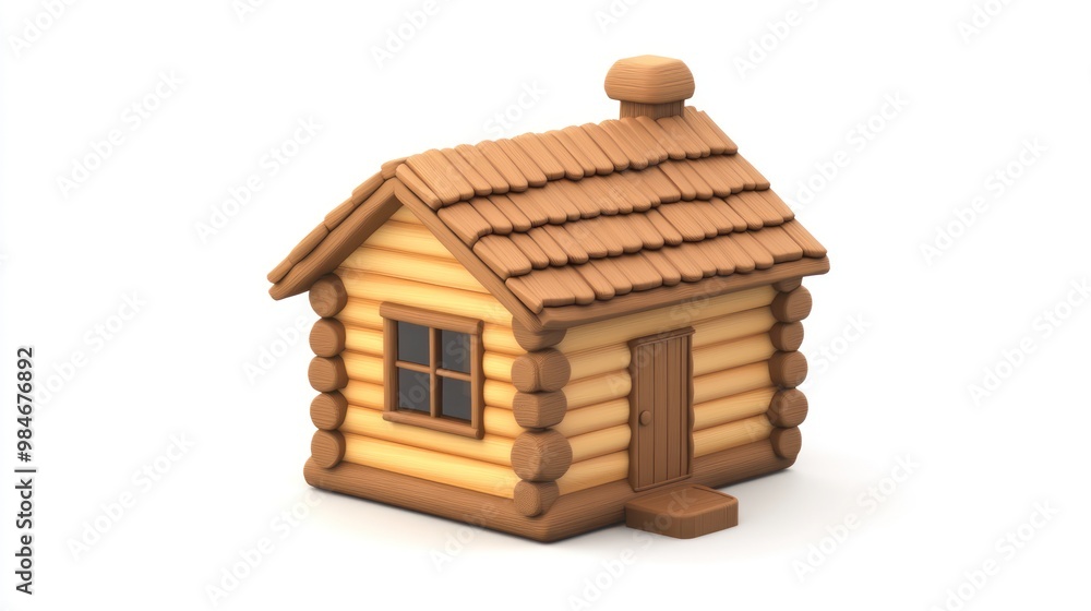 A 3D illustration of a cozy log cabin with a chimney and a front step. A 3D illustration of a cozy log cabin with a chimney and a front step.