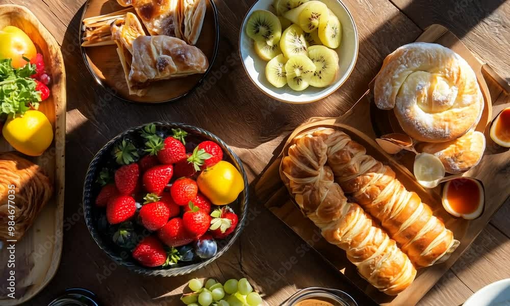 Top view of a delicious gourmet brunch with fresh fruits, pastries, and coffee, arranged beautifully on a rustic wooden table with sunlight creating a cozy atmosphere. Top view of a delicious gourmet brunch with fresh fruits, pastries, and coffee, arranged beautifully on a rustic wooden table with sunlight creating a cozy atmosphere.