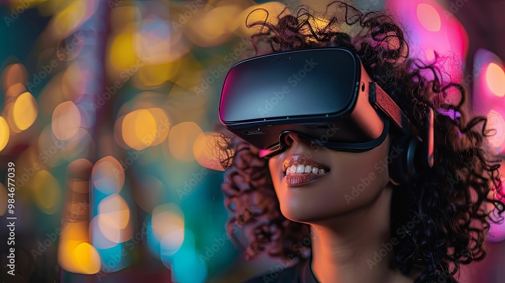 Woman Wearing VR Headset with Bokeh Lights in Background Woman Wearing VR Headset with Bokeh Lights in Background