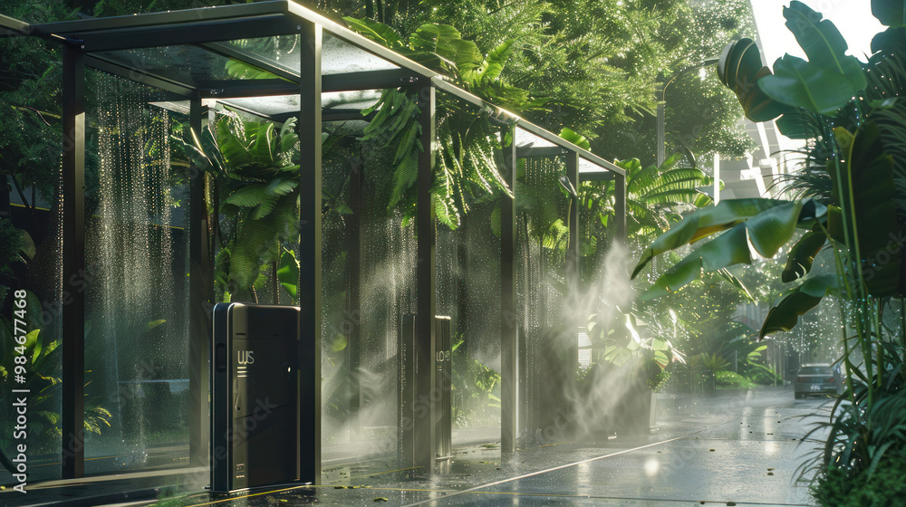 A city where all bus stops are transformed into mini rainforest shelters, with misting systems and lush vegetation offering cool shade in the heat A city where all bus stops are transformed into mini rainforest shelters, with misting systems and lush vegetation offering cool shade in the heat
