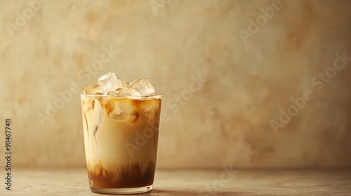 Iced coffee filled with ice cubes, creating a cool, frosty drink perfect for a hot day, set against a simple, clean background.