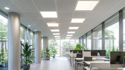 A bright, eco-friendly office space with energy-efficient LED panels on the ceiling, providing ample light while reducing energy consumption, with employees working comfortably