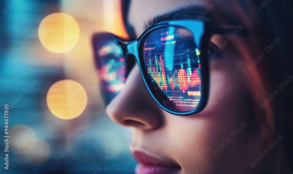 Close-Up of Businesswoman with Stock Market Graph in Glasses Reflection, Candlestick and Financial Data on Screen Close-Up of Businesswoman with Stock Market Graph in Glasses Reflection, Candlestick and Financial Data on Screen