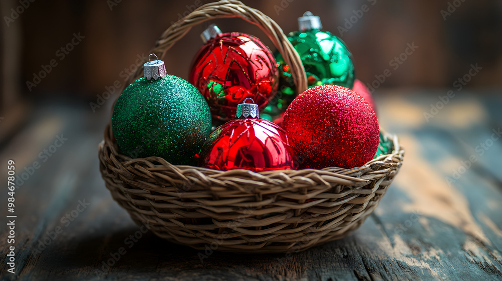 Red and green ornaments in a small basket.
Red and green ornaments in a small basket.