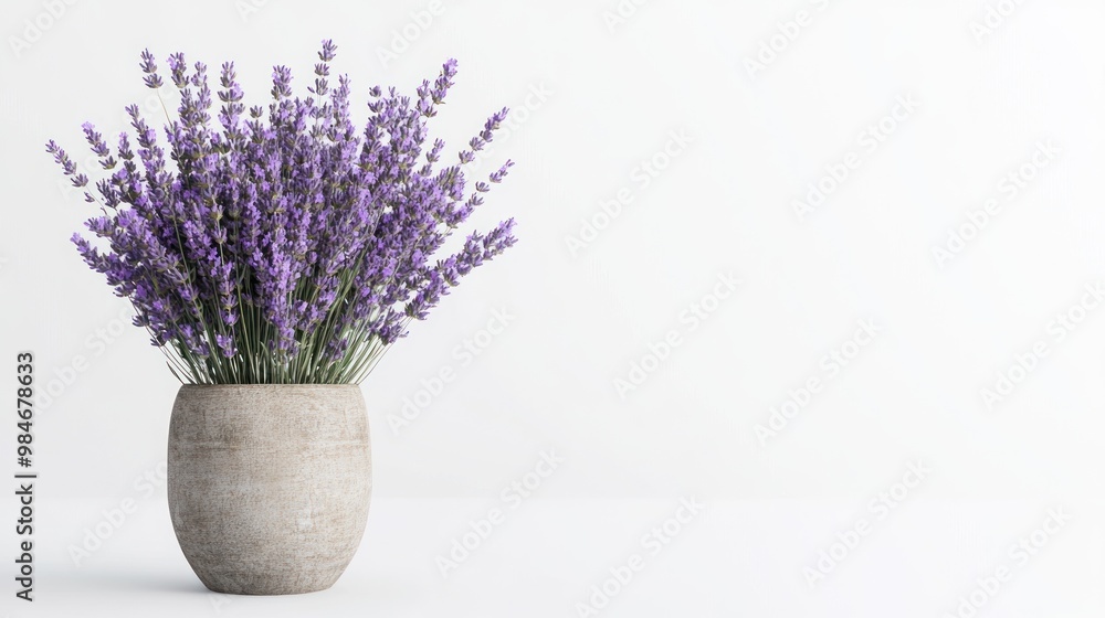 A lavender plant in a textured pot, creating a calming and decorative atmosphere. A lavender plant in a textured pot, creating a calming and decorative atmosphere.