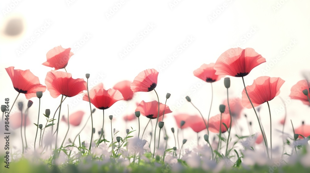 Fototapeta premium A serene field of vibrant poppies swaying gently in the light.