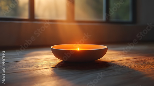 A serene candle glowing softly in a bowl, casting warm light in a tranquil indoor setting, ideal for relaxation and mindfulness.