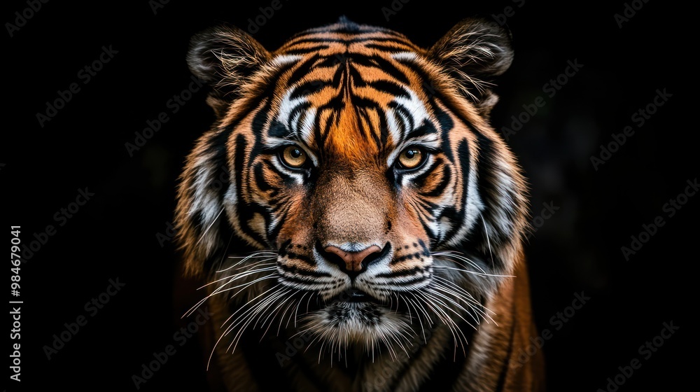 A close-up portrait of a tiger, showcasing its striking features and intense gaze. A close-up portrait of a tiger, showcasing its striking features and intense gaze.