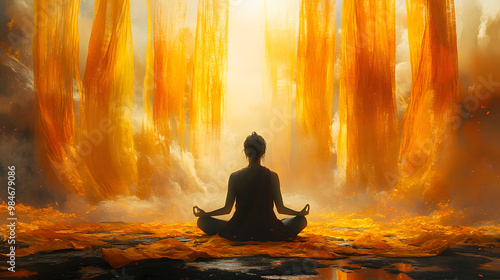 A serene figure meditating amidst a warm, glowing landscape, surrounded by vibrant orange hues and ethereal light.