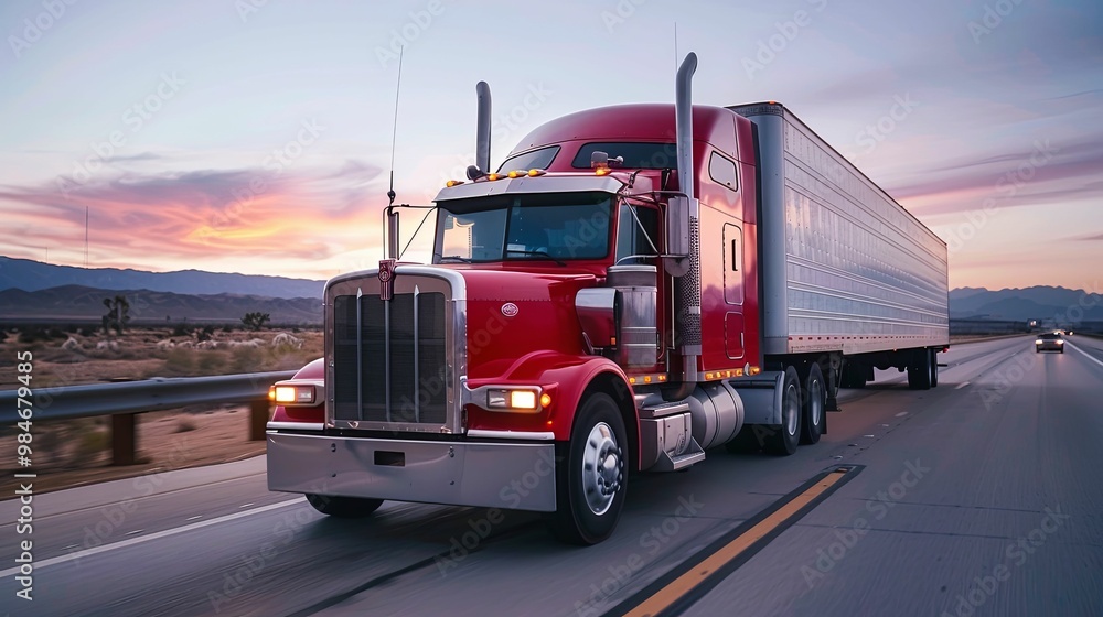 Red Semi-Truck Driving on a Highway at Sunset Red Semi-Truck Driving on a Highway at Sunset