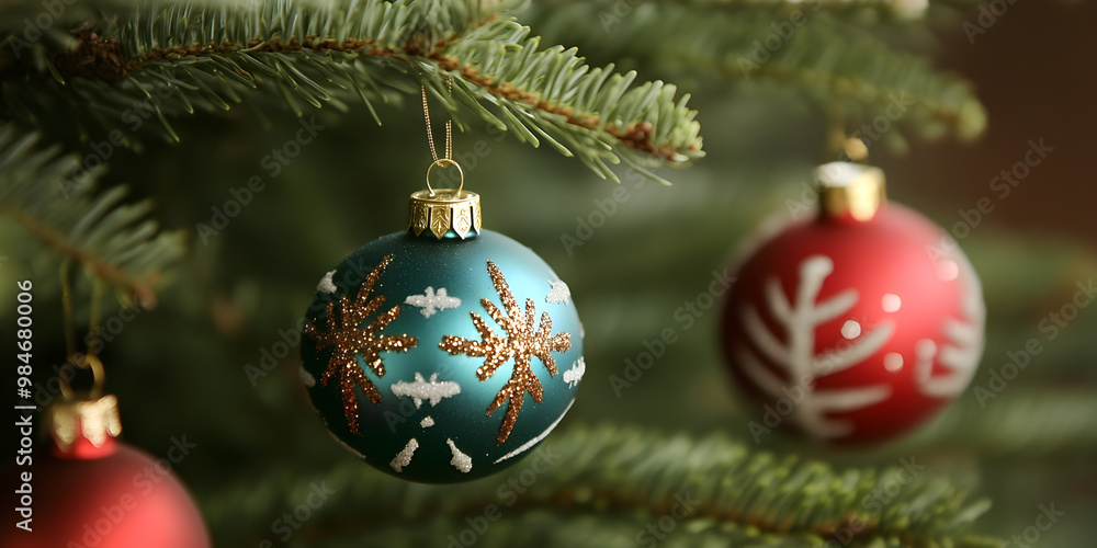 Simple Christmas ornaments on a tree.
Simple Christmas ornaments on a tree.