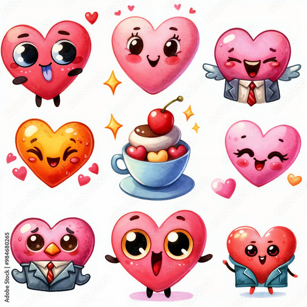 Fototapeta premium Set of cute funny hearts on white background. AI