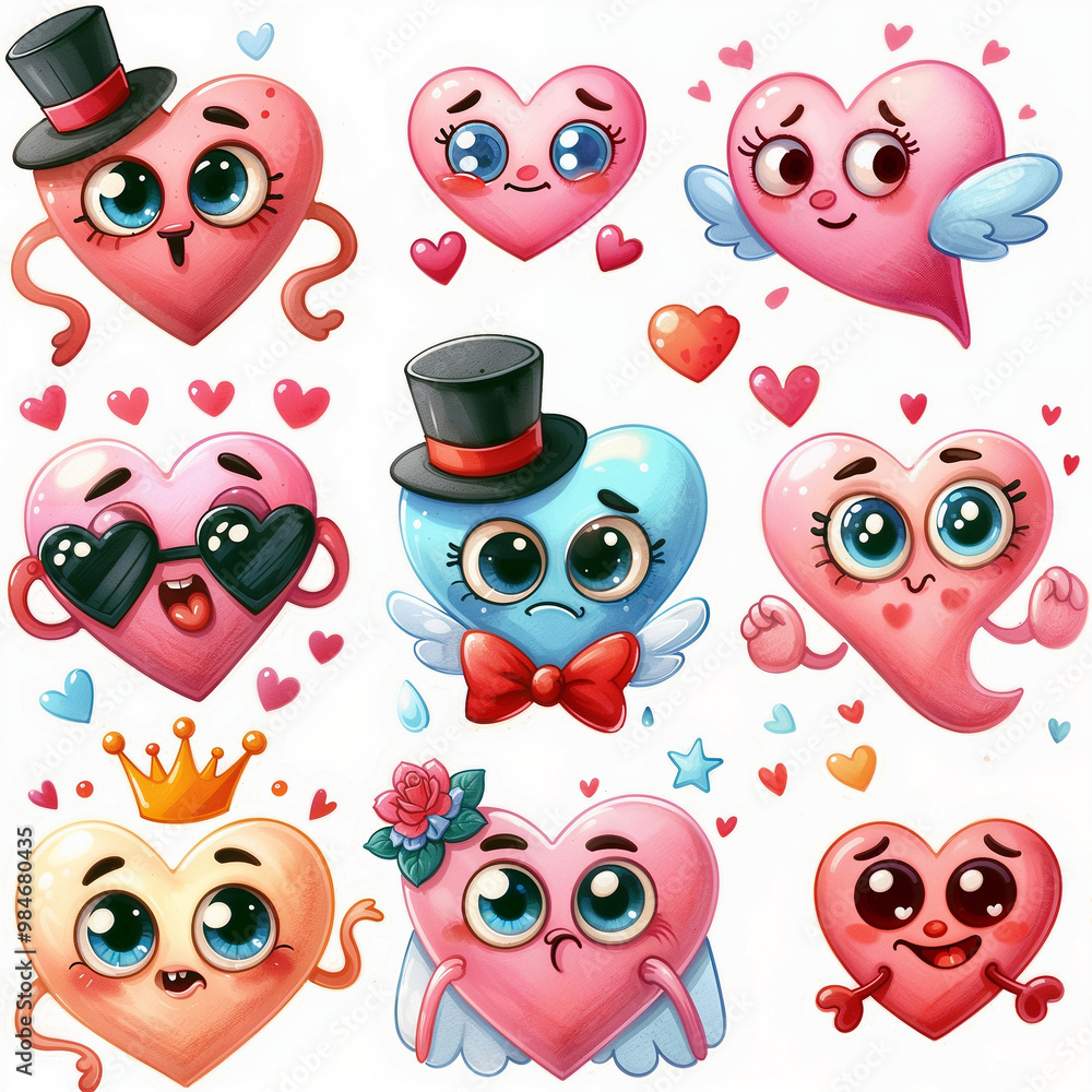Set of cute funny hearts on white background. AI Set of cute funny hearts on white background. AI