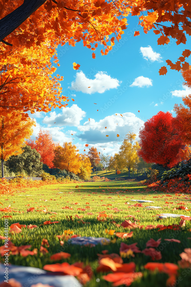 Fallen leaves on the lawn contrasting with the blue sky Fallen leaves on the lawn contrasting with the blue sky