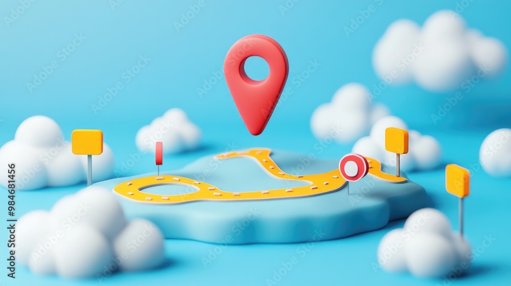 3D illustration of a red pin on a winding road with yellow signs and clouds. 3D illustration of a red pin on a winding road with yellow signs and clouds.