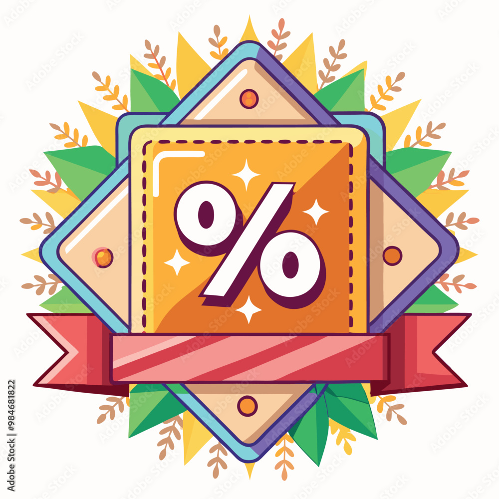 A colorful sticker with a red ribbon and a yellow and orange square with a black dot in the middle A colorful sticker with a red ribbon and a yellow and orange square with a black dot in the middle