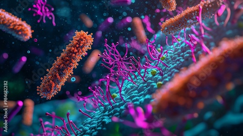 Diagram of a bacterial quorum sensing, showing signaling molecules. Dark backdrop with bright annotations.