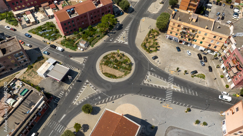 Fototapeta Naklejka Na Ścianę i Meble -  Aerial view of a roundabout in a small town.