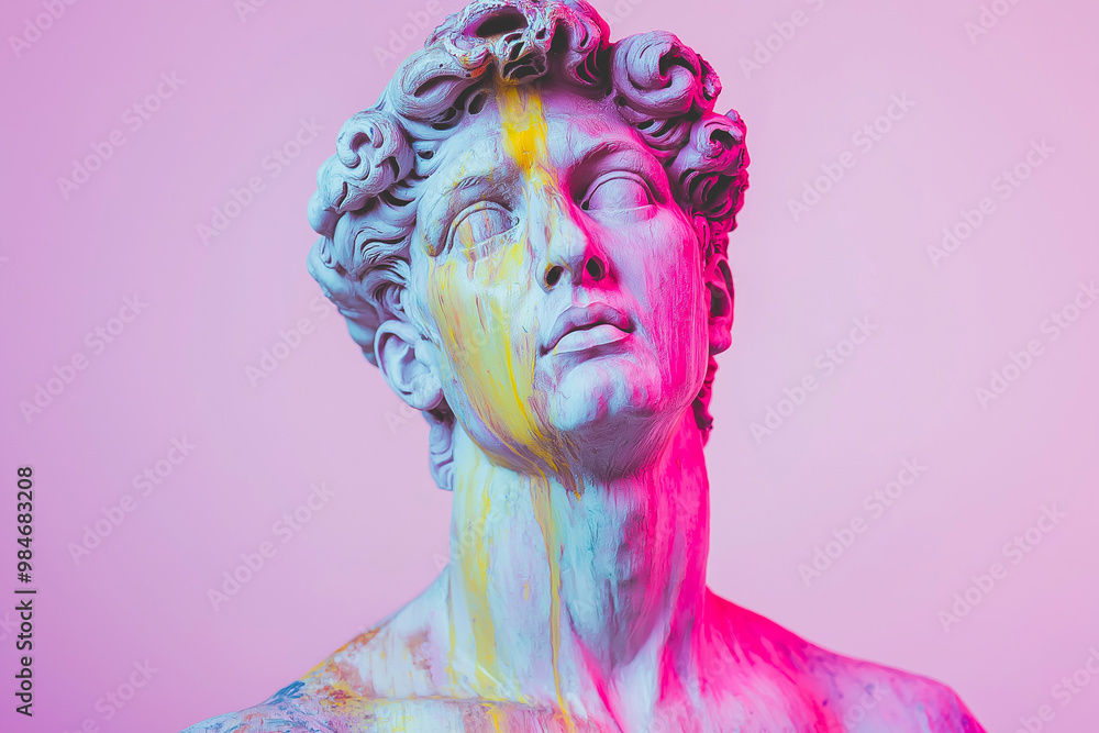 Marble classical sculpture covered with dripping colorful paint. Greek statue in paint stains. Modern art minimalist creative concept. Grunge art, creativity, imagination, party, vandalism Marble classical sculpture covered with dripping colorful paint. Greek statue in paint stains. Modern art minimalist creative concept. Grunge art, creativity, imagination, party, vandalism