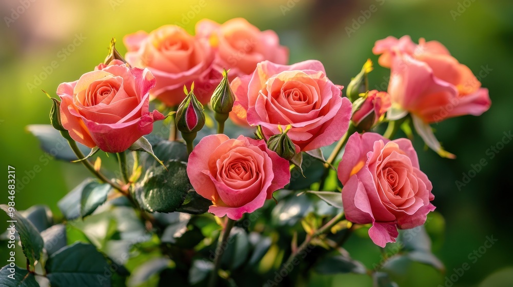 A vibrant bouquet of pink roses in a lush green setting, symbolizing beauty and love. A vibrant bouquet of pink roses in a lush green setting, symbolizing beauty and love.