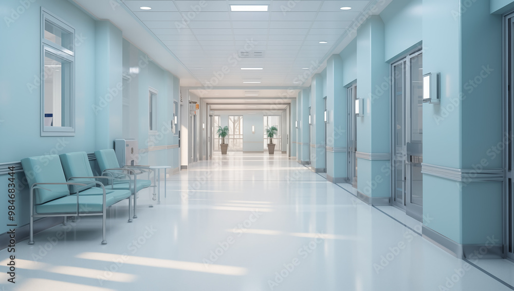 Fototapeta premium Modern hospital hallway with doorways and chairs, white background