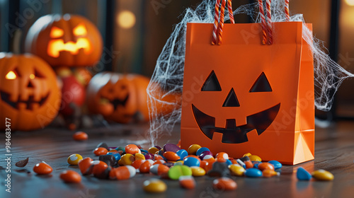 halloween candy lollipops and pumpkin in front of the door and table trick or treat jack o lantern background photo