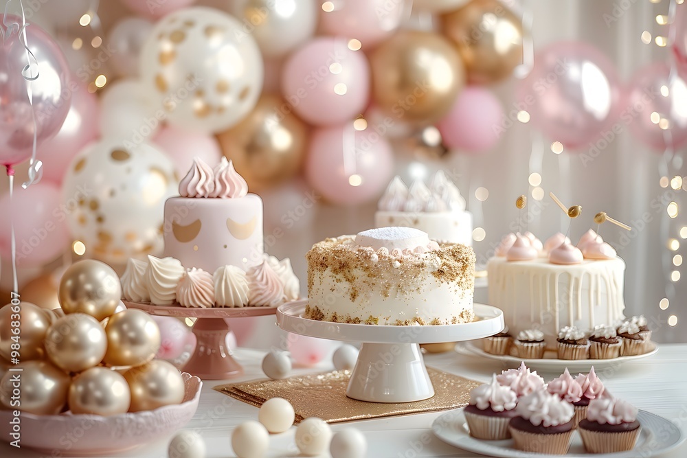 Delightful Dessert Table for a Celebration with Cakes and Balloons Delightful Dessert Table for a Celebration with Cakes and Balloons