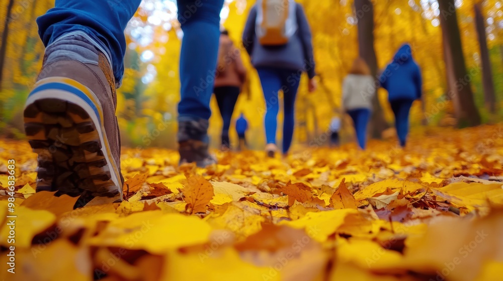 Obraz premium A group of people walking through a forest with leaves on the ground, AI