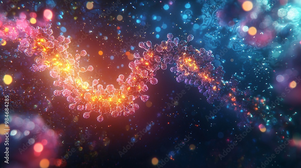 Visual of a viral particle with a protein coat and RNA inside. Dark background with bright colors. Visual of a viral particle with a protein coat and RNA inside. Dark background with bright colors.