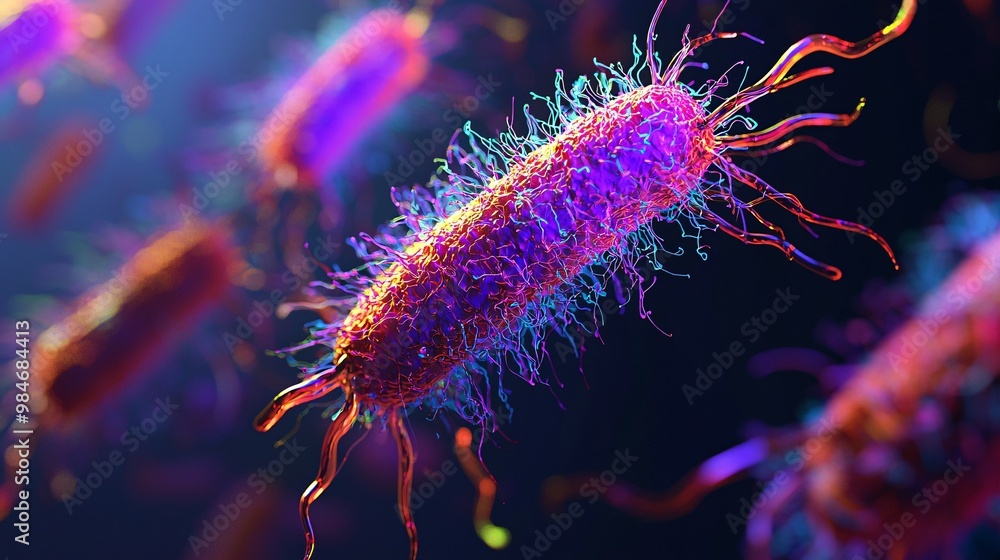 Artistic rendering of a bacterial chemotaxis, showing movement toward nutrients. Dark background with vibrant colors. Artistic rendering of a bacterial chemotaxis, showing movement toward nutrients. Dark background with vibrant colors.