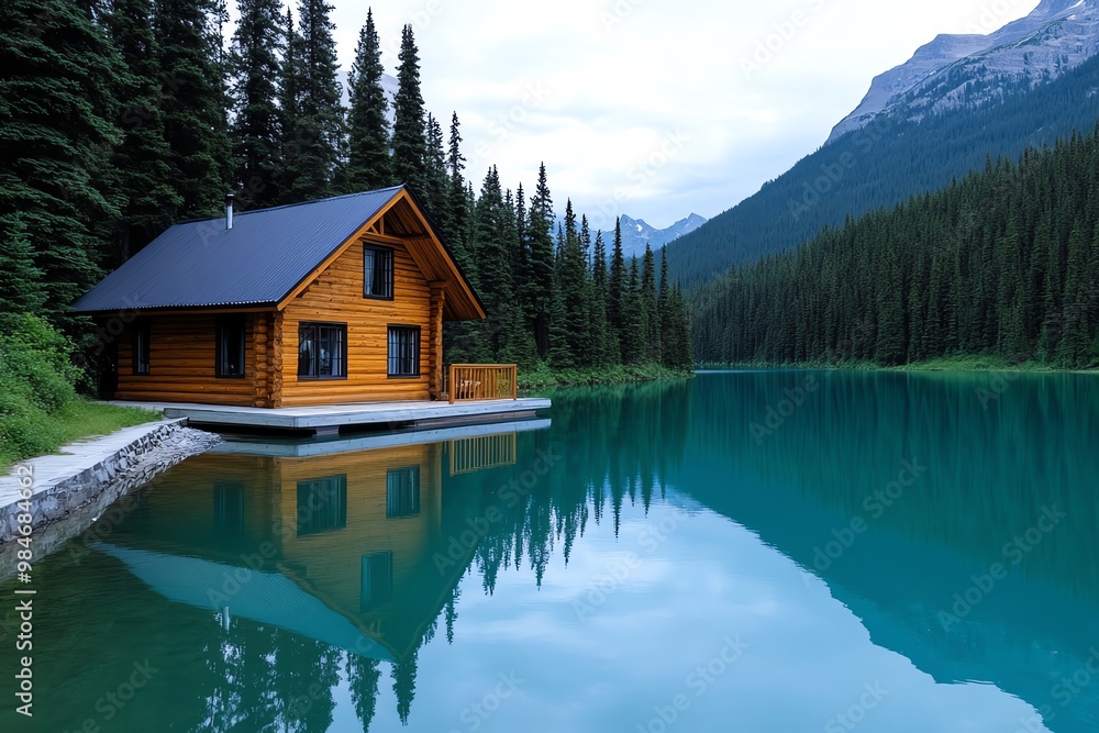 Obraz premium A secluded mountain cabin by a lake, surrounded by pine trees and reflected in the calm water