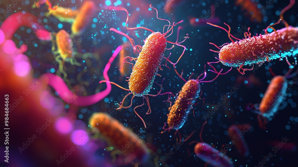 Artistic rendering of a bacterial chemotaxis, showing movement toward nutrients. Dark background with vibrant colors. Artistic rendering of a bacterial chemotaxis, showing movement toward nutrients. Dark background with vibrant colors.