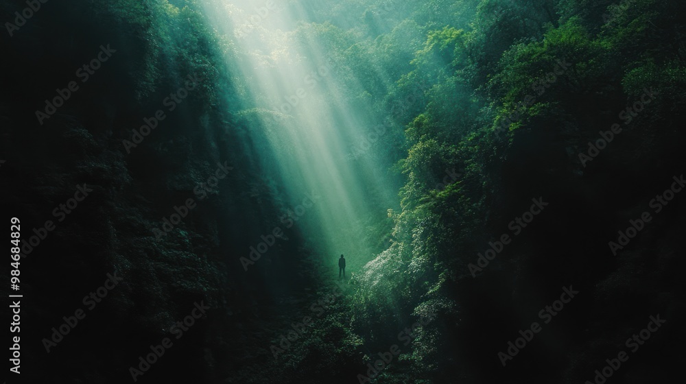 A solitary figure stands in a misty canyon, illuminated by ethereal light beams. A solitary figure stands in a misty canyon, illuminated by ethereal light beams.