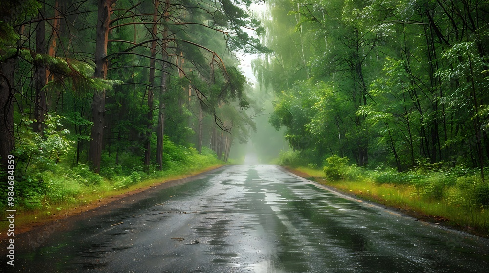 Obraz premium Rainy asphalt road in the forest with yellow line and rain drops
