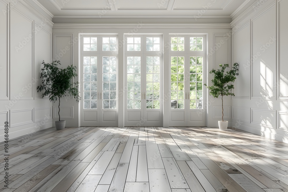Fototapeta premium Bright and Airy Interior Space with Large Windows and Potted Plants