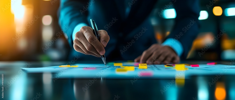 A professional in a suit writes on a document covered with colorful sticky notes, working in a modern office environment. A professional in a suit writes on a document covered with colorful sticky notes, working in a modern office environment.