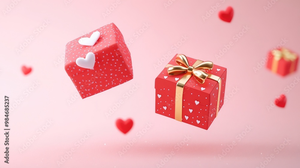 Fototapeta premium Two red gift boxes with white hearts and gold ribbons float against a pink background with hearts.