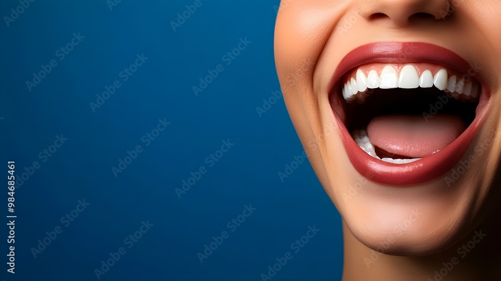 A vibrant close-up of a smiling mouth, showcasing bright, white teeth and bold red lips against a blue background. A vibrant close-up of a smiling mouth, showcasing bright, white teeth and bold red lips against a blue background.