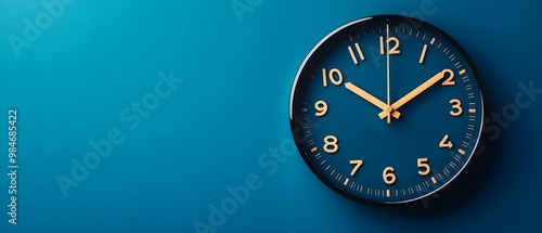 Wallpaper Mural A modern, wall-mounted clock displays the time against a deep blue background, emphasizing its sleek design and contrasting color palette. Torontodigital.ca