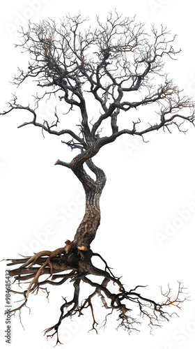 A close up of the roots and branches of a dead tree, isolated against a white background.