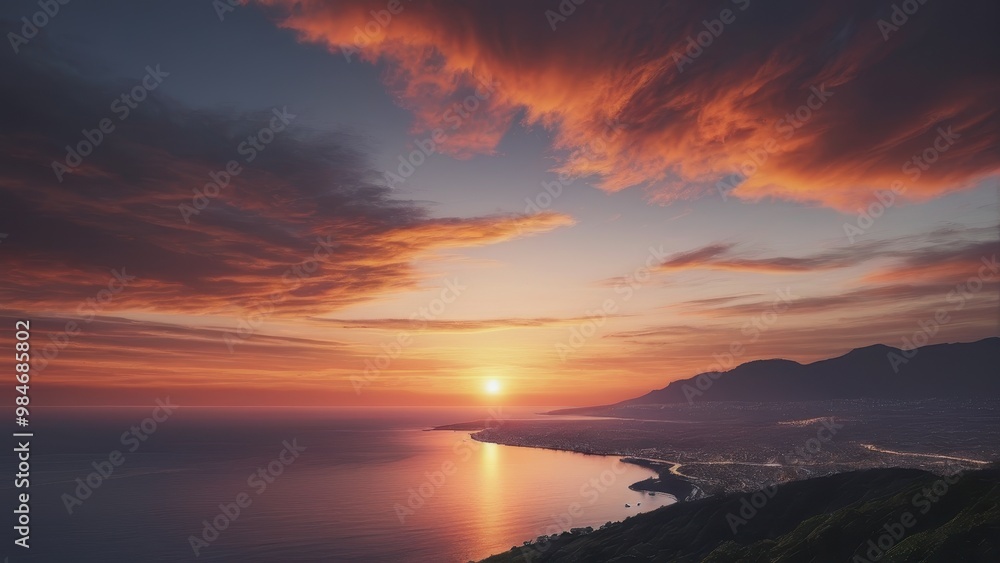 Fototapeta premium A breathtaking sunset over a tranquil coastline with vibrant clouds reflecting on the water.
