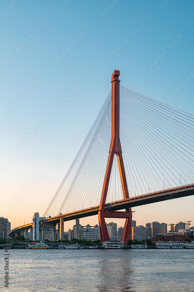 Shanghai Cable-stayed bridge Yangpu Bridge at dusk. Shanghai Cable-stayed bridge Yangpu Bridge at dusk.