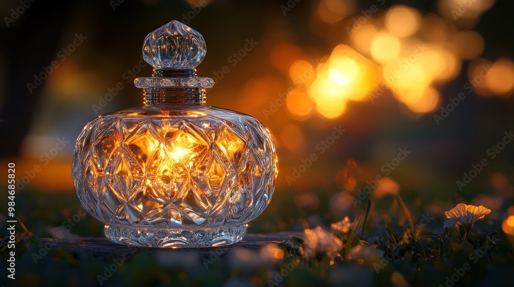 A decorative glass bottle illuminated by warm light, set against a blurred outdoor background. A decorative glass bottle illuminated by warm light, set against a blurred outdoor background.