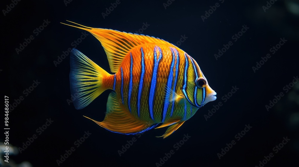 Naklejka premium A vibrant orange and blue fish swimming gracefully in a dark underwater environment.
