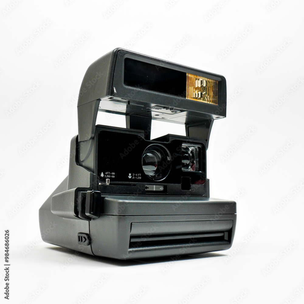 Old style instant camera with its flash extended and lens visible Old style instant camera with its flash extended and lens visible