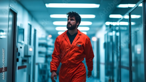 A man in an orange jumpsuit walks through a well-lit corridor in a modern facility, suggesting a tense or high-stakes environment.