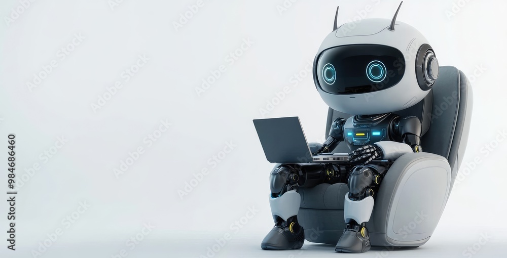 3D Robot Sitting on Armchair with Laptop and Chat Bubbles, Minimalistic Design for Technology Concept 3D Robot Sitting on Armchair with Laptop and Chat Bubbles, Minimalistic Design for Technology Concept